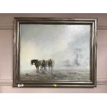 Alwyn Crawshaw : Three shire horses in a field, oil on canvas, signed, framed.