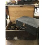 Two antique pine boxes together with small quantity of hand tools,