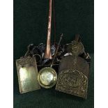 A box of plated brass and copper ware including plated tea services, copper hunting horn,