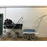 A vintage silver cross dolls pram together with one other