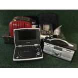 Two boxes of assorted electricals, DAB radio, label printer, portable Dvd player,