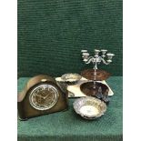 A tray of oak mantle clock, plated candelabrum, salt and pepper pot,