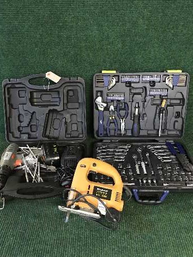 A boxed Challenge tool kit together with a cased drill ,