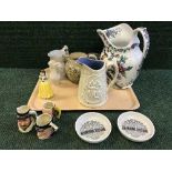 A tray of Copeland Spode large decorative jug, an antique pottery 'Prepare to meet thy God' jug,