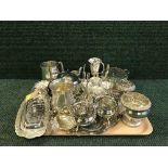 A tray of large quantity of plated items, three piece tea service on tray, toast rack,