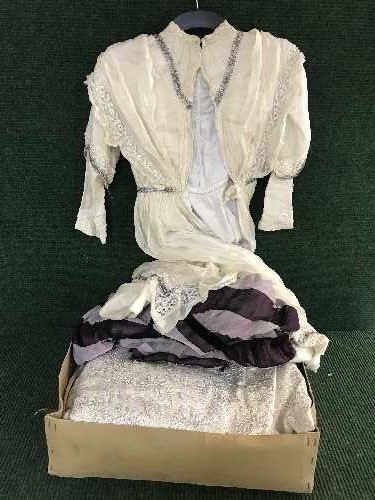 Two boxes of linen, threads, needle work, Victorian clothing,