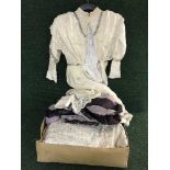 Two boxes of linen, threads, needle work, Victorian clothing,