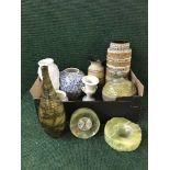 A box of west German stick stands, assorted vases,