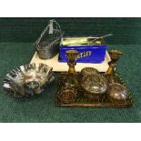 A tray of amber-glass trinket set, carnival glass bowl,