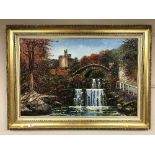 Dallas K Taylor : A waterfall by a bridge with castle beyond, oil on board, signed.