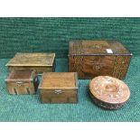 A tray of Victorian inlaid mahogany jewellery box together with a carved oak lidded box,