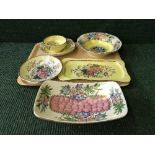 A tray of six pieces of Maling including Azalea shallow oblong dish and five pieces of Rosalind