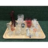 A tray of cranberry glass milk jug and sugar basin, sifter, silver rimmed fluted vases,
