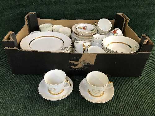 Two boxes of dinner ware and tea china, including Churchill table ware,