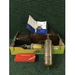 A box containing Victorian writing box, Paragon first aid case, vintage fire extinguishers,