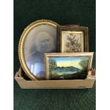 A box of framed antiquarian pictures including a hand painted floral panel, photographs,