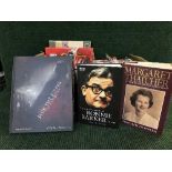 Three boxes of books and cds, biographies,