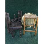 A folding oak brass topped table together with an oak rush seated stool,