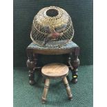 An early twentieth century oak dressing table stool together with a milking stool,