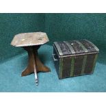 An antique oak brass bound coal receiver together with a mahogany plant table