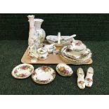 A tray of quantity of Royal Albert Country roses china, dishes, shoes,