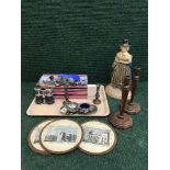 A tray of cast metal companion set, three pairs of field glasses, plated cruet set,