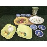 A tray of Maling finger bowl, Wedgwood jasper ware, Royal Winton plates,