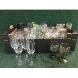 Two boxes of glassware, drinking glasses, vases, ashtrays,