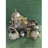 Two boxes of antique and later metal ware including pewter spirit kettle on stand, oil lamps,