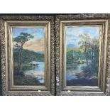 A pair of early twentieth century gilt framed oils on panels - Fisherman at a river and Cattle