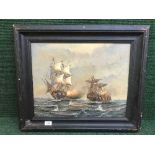 A framed oil on canvas - Galleons in battle,