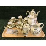 A tray of fifteen piece hand painted tea service, two Leonardo china figures,