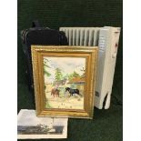 An oil filled radiator together with a luggage case and unframed watercolour