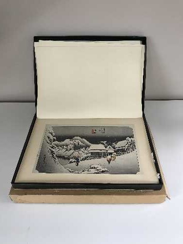 A Hioshiga Later Days portfolio of twelve prints in a clam shell box with a Chinese design folio