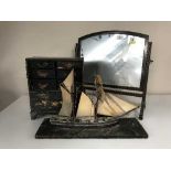 A Victorian mahogany dressing table mirror together with an oriental miniature lacquered chest and