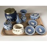 A tray of eight pieces of Wedgwood blue and white jasper ware,