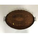 A Victorian inlaid mahogany twin handled gallery tray