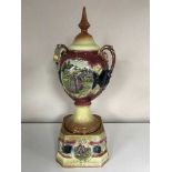 A Victorian transfer printed lidded vase on stand