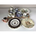 A tray of two pieces of Masons ware, delft china, Ringtons cups and saucers,