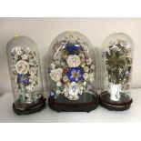 Three antique glass domes on bases containing dried flowers