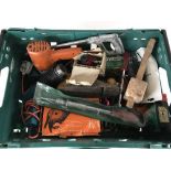 A crate of assorted power tools, attachments, hand tools,