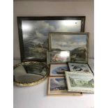 A box of assorted pictures and prints - Alhim print, gilt porthole mirror,