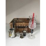 A wicker picnic basket of plated ware, enamelled commemorative mug,