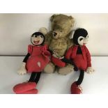 A basket of vintage teddy bear and Mickey & Minnie mouse soft toy