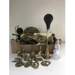 A box of assorted metal ware and china - Highland bulls, candlestick telephones,