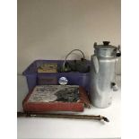 A box of rose sprayer, jam pan, vintage Kenwood mixer,