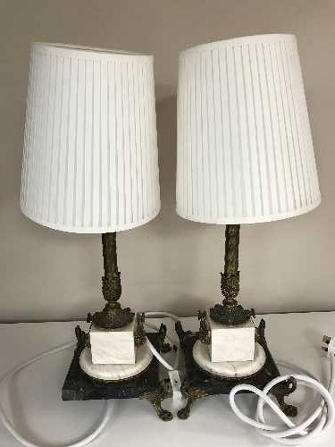 A pair of continental marble ormolu mounted column table lamps (2)