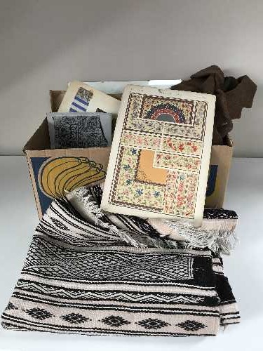 Two boxes of 1950's and later printed materials, fringed woolen rug, book plates, beads,