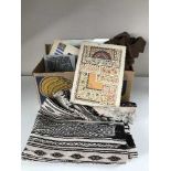 Two boxes of 1950's and later printed materials, fringed woolen rug, book plates, beads,