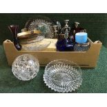 Two boxes of assorted pressed glass, plated candelabrum, vintage camera, assorted china,
